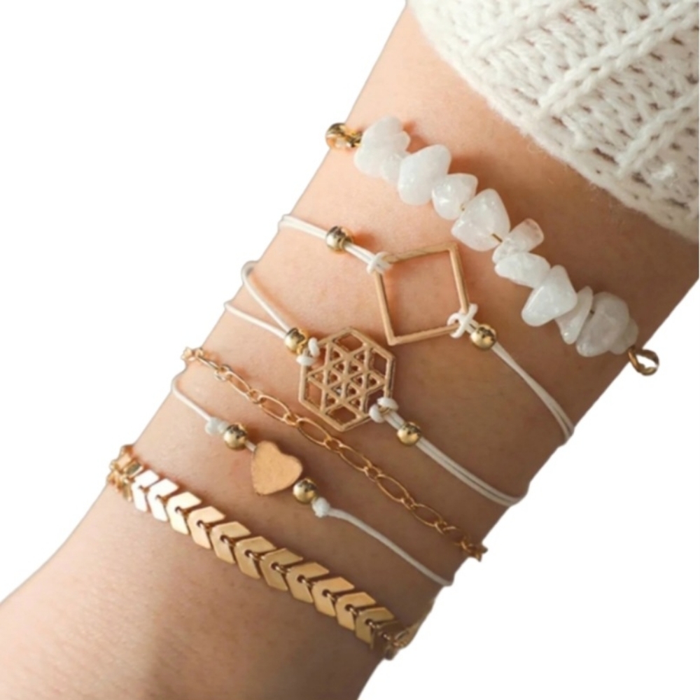 6pc Set White Gold Charm Bracelet Bundle Herringbone Chevron Chain Crystal Heart